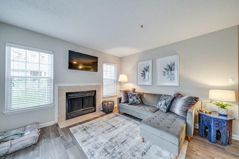 a living room with a couch and a fireplace